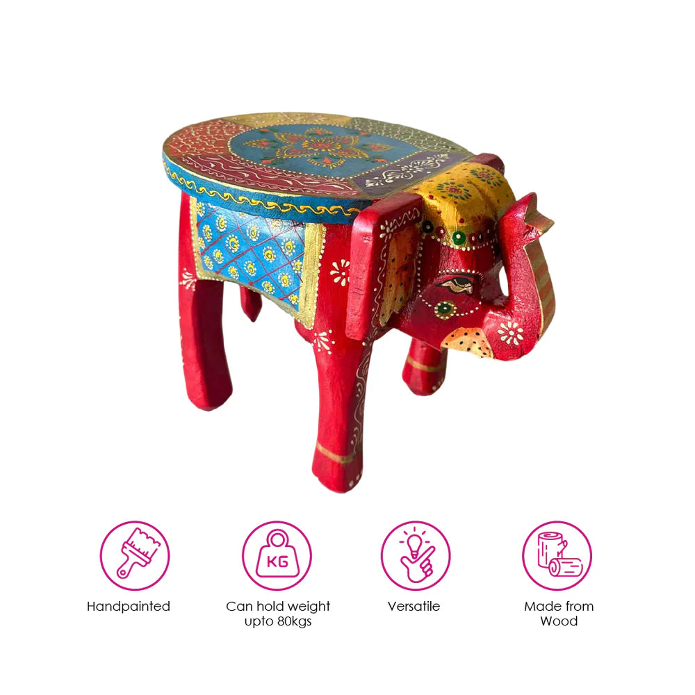 Red Blue Handpainted Wooden Elephant Stool