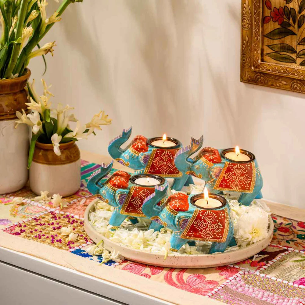 Assorted Handpainted Elephant Candle Holder (Set Of 4)
