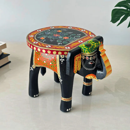 Black Colourful Handpainted Wooden Elephant Stool