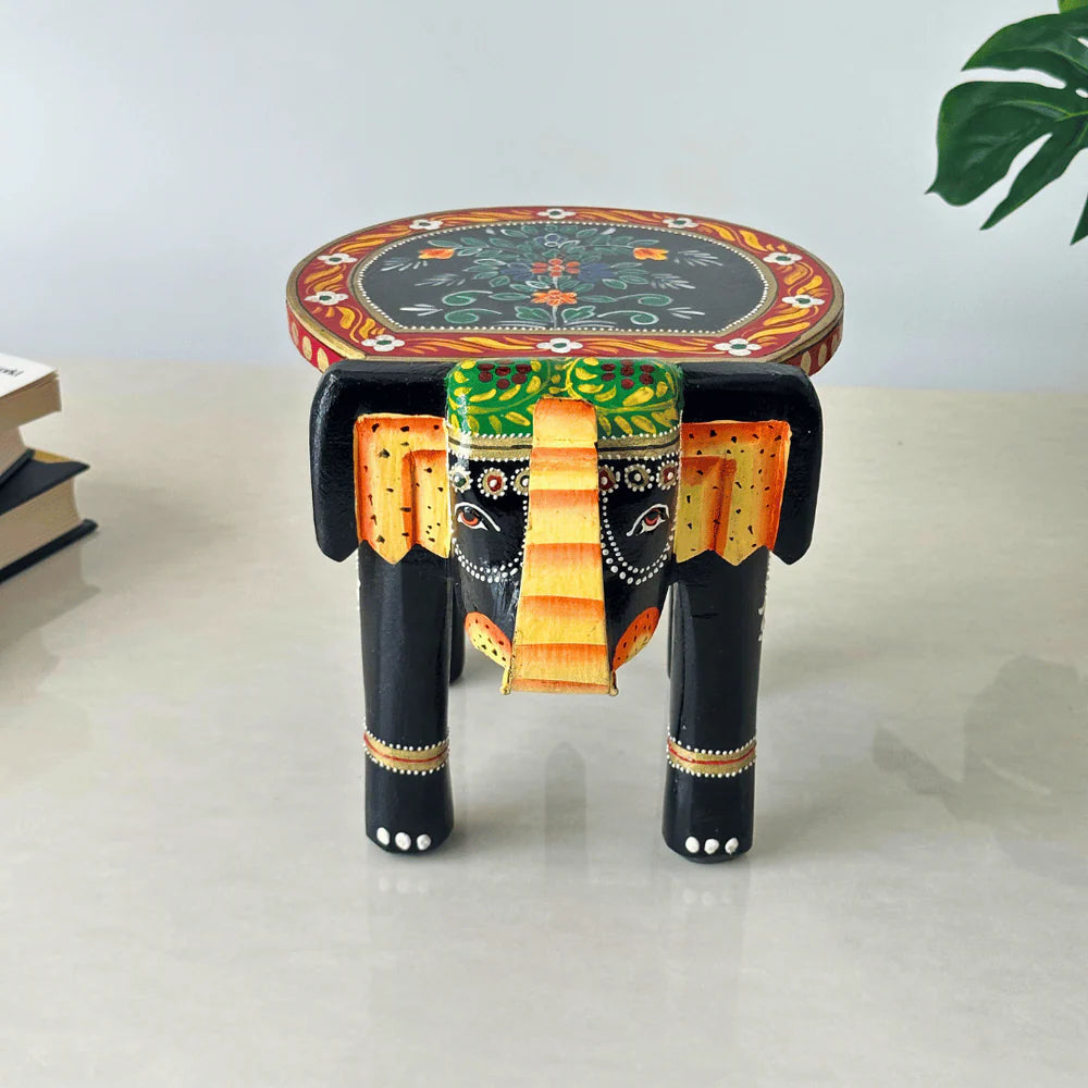 Black Colourful Handpainted Wooden Elephant Stool