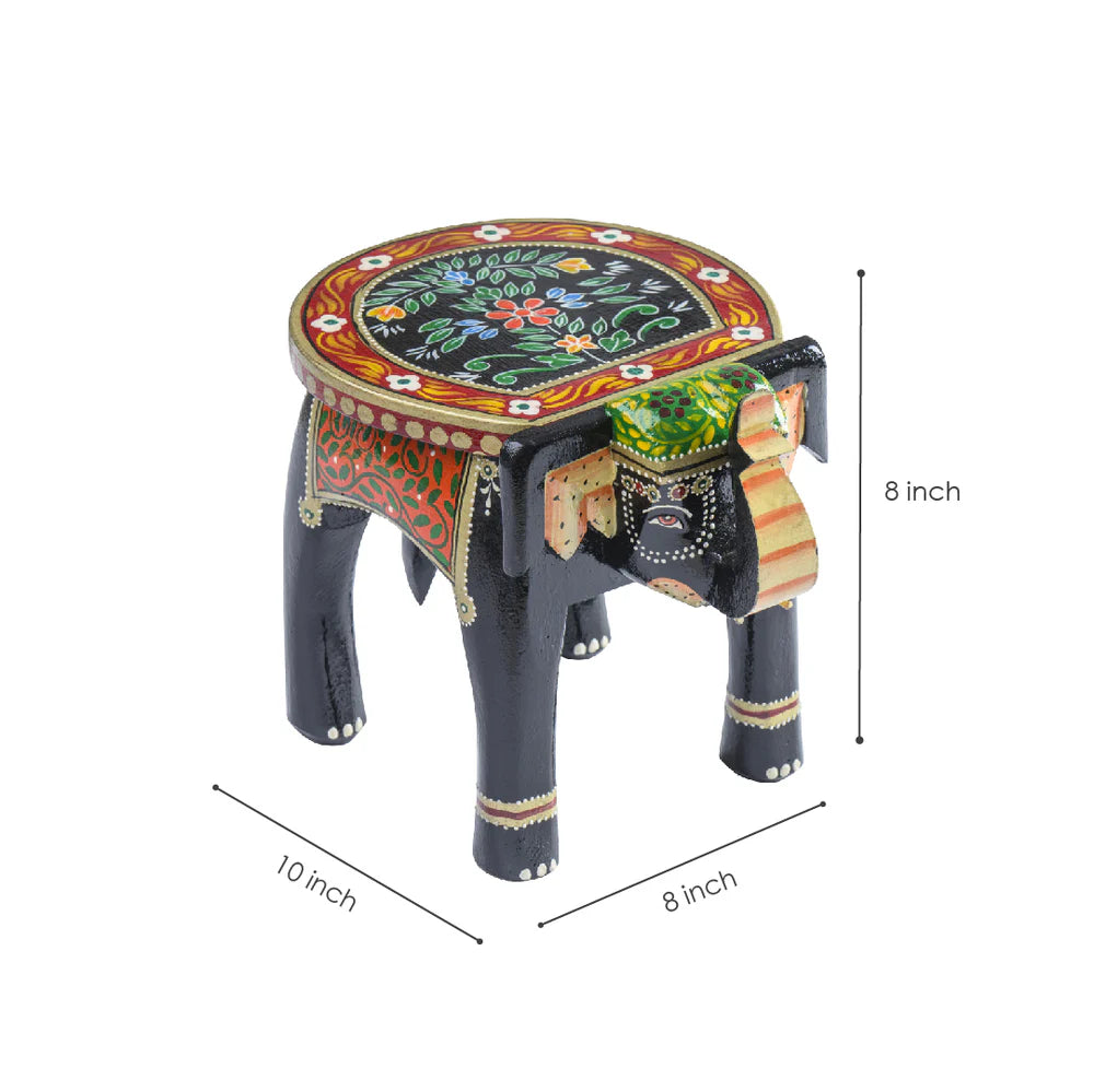 Black Colourful Handpainted Wooden Elephant Stool