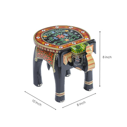 Black Colourful Handpainted Wooden Elephant Stool