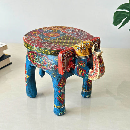 Blue Handpainted Wooden Elephant Stool