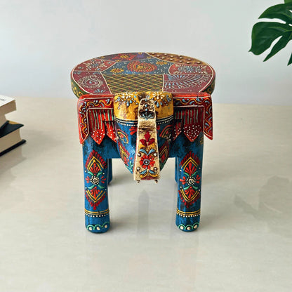 Blue Handpainted Wooden Elephant Stool