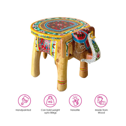 Natural Handpainted Wooden Elephant Stool