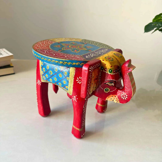 Red Blue Handpainted Wooden Elephant Stool