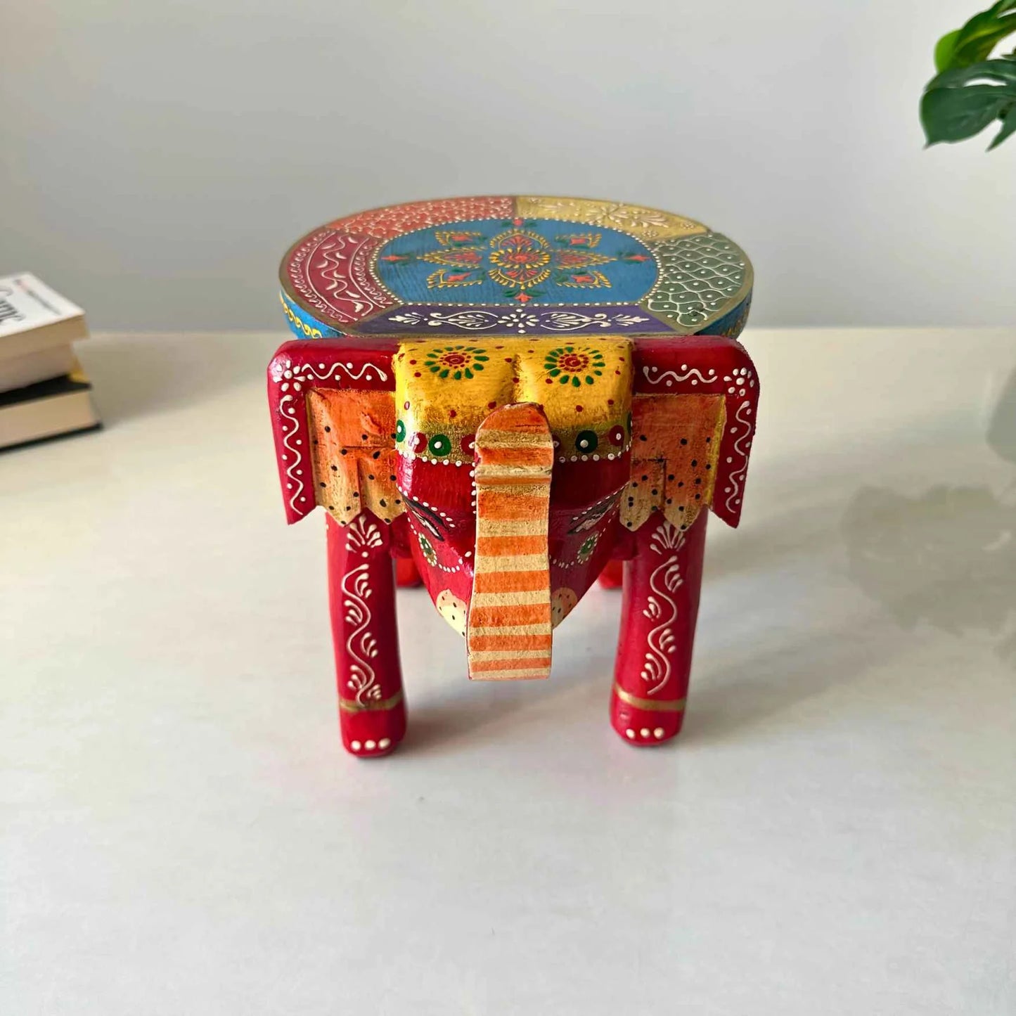 Red Blue Handpainted Wooden Elephant Stool
