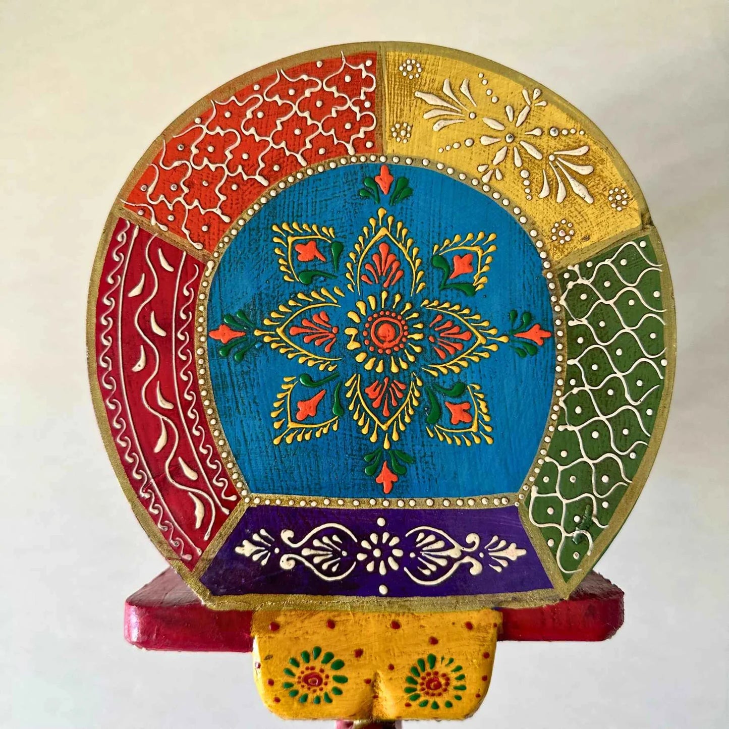 Red Blue Handpainted Wooden Elephant Stool