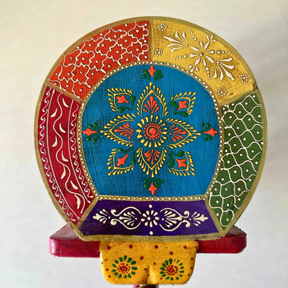 Red Blue Handpainted Wooden Elephant Stool