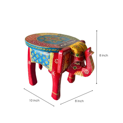 Red Blue Handpainted Wooden Elephant Stool