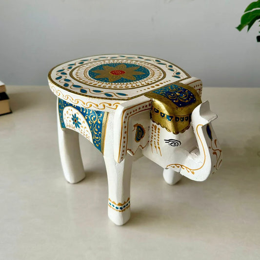 Classic White Handpainted Wooden Elephant Stool